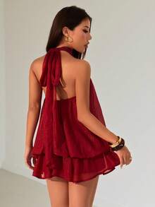 SHEIN PETITE 情人节粉色缎面蕾丝撞色迷你短裤，休闲简约纯色家居短裤 - 紅色 - 查看 6