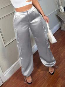 SHEIN SXY Pantalones cargo de twill de moda callejera con bolsillos 3D para mujeres - Plateado - Ver 3