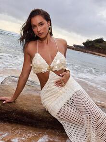 Opulessa Women's Hollow-Out Knit Dress, Suitable For Spring/Summer Vacation - Apricot - View 3