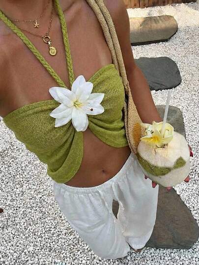 Aloruh Women's Vacation Beach Floral Decor Halter Top Summer Summer Outfits Summer Clothes Beach Outfits For Woman  Beach Vacation Vacation Outfits Woman Boho  Tropical Vacation Woman Clothe Y2k Clothes 2000s Style Y2K Top Y2K Tops Concert Outfit Women Rave Outfits Festival Country Concert Outfit Ibiza Outfits Nashville Outfits Western Wear Women Western Boho Streetwear Tropical Gyaru  Cute Summer Tops  Green Halter Top With 3D Floral Embellishments And Woven Twisted Rope For A Vacation Look.