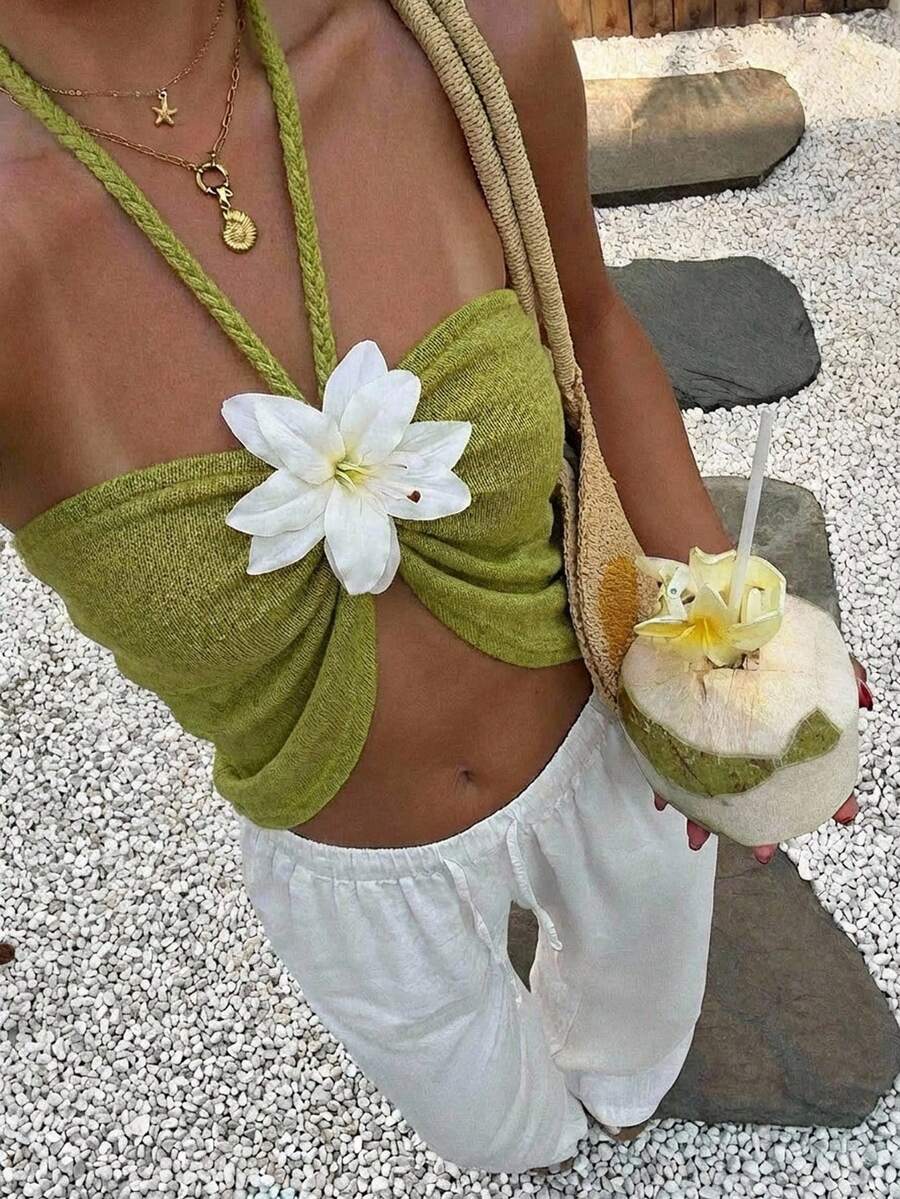 Aloruh 女士度假海滩花卉装饰露背上衣夏季海滩度假 - 墨綠色 - 查看 1