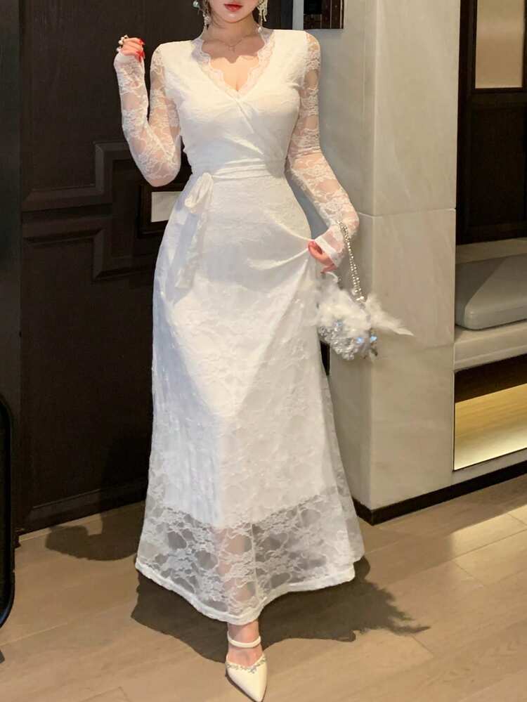 Women's Solid Color V-Neck Raglan Sleeve Lace Long Dress