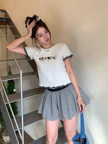 DAZY 女士圆领卡通印花蝴蝶结荷叶边短袖T恤，夏季 - 灰色 - 查看 2