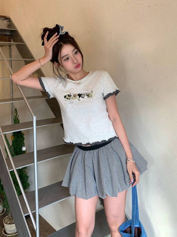 Women's Round Neck Cartoon Print Bow Ruffle Trim Round Neck Short Sleeve T-Shirt, Summer