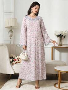 Yasmyna Đầm tay xòe in hoa thanh lịch với viền ren - Hồng - Xem 5