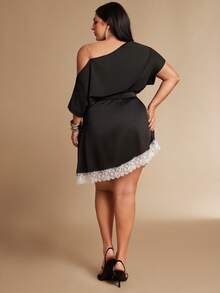 SHEIN BAE Plus Size Asymmetrical Hem Lace Patchwork Casual Vacation Versatile Skirt,Summer,Pants,Western For Women,Cowgirl For Women,Country Concert,Easter For Women,Shorts,Summer,Summer,Skirt For Women,Summer For Women,Skirt For Women,Trouser Pants For Women,Skirts For Women Plus Size,Plus Size Skirt,Beach Skirt - Black - View 3