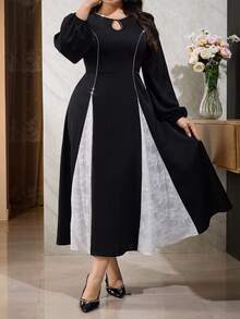 Modelyn Vestido elegante de talla grande con bloqueo de color, parches de encaje y decoración de cristal para uso diario - Blanco y Negro - Ver 5
