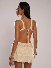 SHEIN BAE Women's Summer Sexy Beach Vacation Pointelle Knit Multi-Layer Tassel Backless Tie Knit Dress,Spring/Summer New Arrival: White Dress With Fringed Hem. Perfect For Beach Vacations, Beach Trips, Beach Parties, Dates, Nightclubs, Picnics, Parties, Music Festivals, Brunch, And Other Occasions. - Apricot - View 2