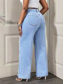 BamGleam Cowgirl Spring Women's Blue Non-Stretch Distressed Sexy Straight Leg Jeans - Light Wash - View 2