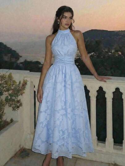 SHEIN MOD Women's Solid Color Embossed Pleated Elegant Halter Midi Dress, Spring/Summer Outfit, Wedding Guest Dress For Women, Birthday Dress, Elegant, Romantic, Formal Dress, Tea Party Dress, Jacquard Dress, Dinner Outfit For Women,, Backless Dress, Vacation Dress, Blue Dress, Cocktail Dress, Classy Elegant, Graduation Dress, Long Party Dresses, Elegant Ceremony Dresses, Garden Party Dresses