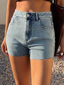 DAZY 女士休闲水洗毛边修身牛仔短裤，夏季 - 中等水洗藍 - 查看 5