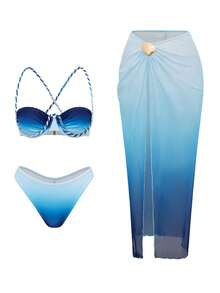Swim SXY Women's Summer Tight Vacation Gradient Print Leisure Braided Rope Beach Mesh Skirt 3 PiecesSwimsuit - Blue - View 2