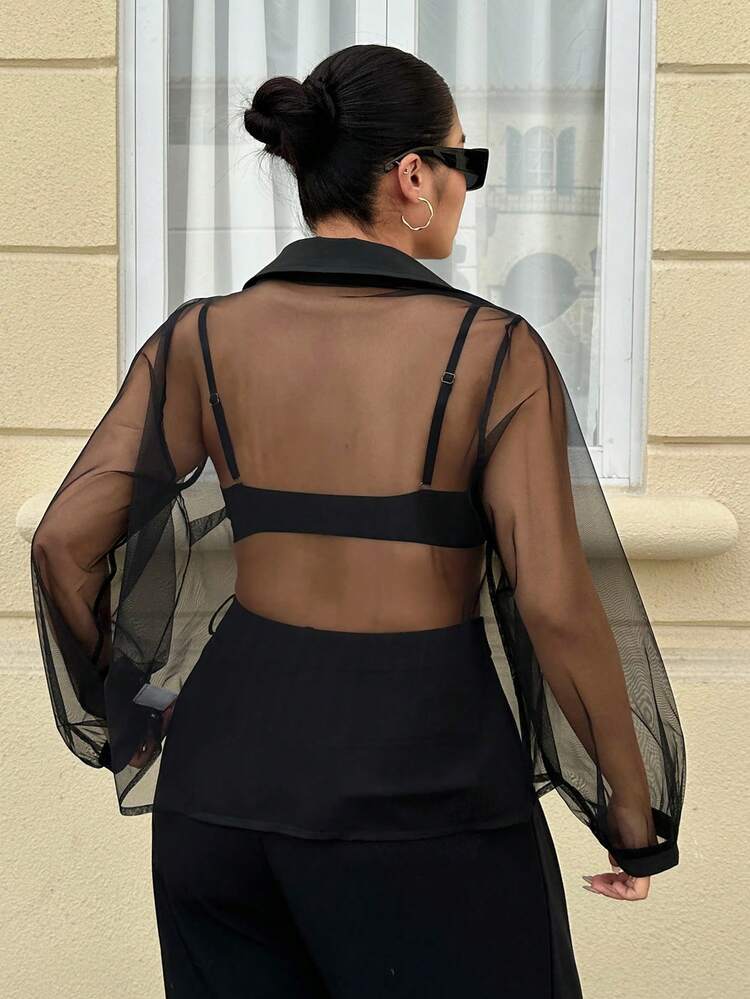 Dazy Plus Plus Size Women's Turndown Collar Single-Breasted Mesh Sheer Sexy See-Through Long Sleeve Blouse Summer