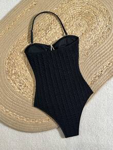 SHEIN Teen Girls V-Neck Floral Metal Buckle Textured Knit Backless One-Piece Swimsuit, Vacation Beachwear - Black - View 5