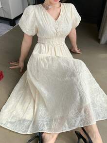 DAZY Women's V-Neck Short Sleeve Textured Fabric Dress, Elegant - White - View 6