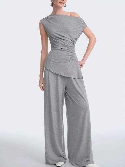 Aalyst Minimalistischer, lässig-eleganter neuer Damen-Asymmetrischer Plissee-Drapierter Crop-Top und Weite Hose Set, geeignet für den täglichen Gebrauch, Hochzeiten, Galas, Pendeln, Abschlussfeiern, Feiertage, Urlaub, Dates, Partys, Halloween, Weihnachten, Neujahr, Thanksgiving