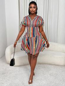Xyvia Women's Colorful Striped V-Neck Ruched Drawstring Shoulder Sleeve Waist Flared Dress, Elegant Holiday Dress For Spring/Summer - Multicolor - View 4