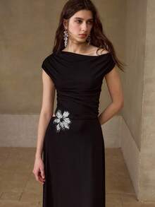 MOTF PREMIUM SPRING/SUMMER NEW HOLLOW EMBROIDERED FLORAL RUCHED ASYMMETRIC SHOULDER KNIT MIDI DRESS FOR WOMEN - Black - View 5