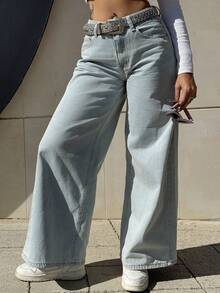 Bearsaez 女式低腰直筒牛仔裤休闲裤 - 淺色水洗藍 - 查看 1