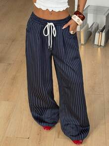 Coolane Quần nữ dáng casual màu xanh hải quân, in họa tiết sọc dệt, cạp chun, có dây rút - Màu xanh hải quân - Xem 3