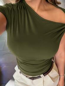 Maria Perezxox Áo hở vai lệch vai tối giản, thanh lịch, gợi cảm dành cho nữ, áo cánh đa năng, thường ngày cho mùa hè - xanh quân đội - Xem 3
