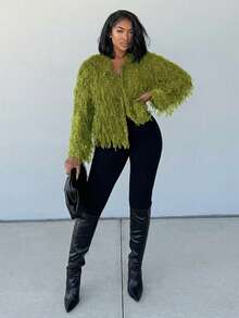 Alexandranx Solid Open Front Fuzzy Cardigan,Long Sleeve Tops Fall Winter Cloth For Women - Olive Green - View 6
