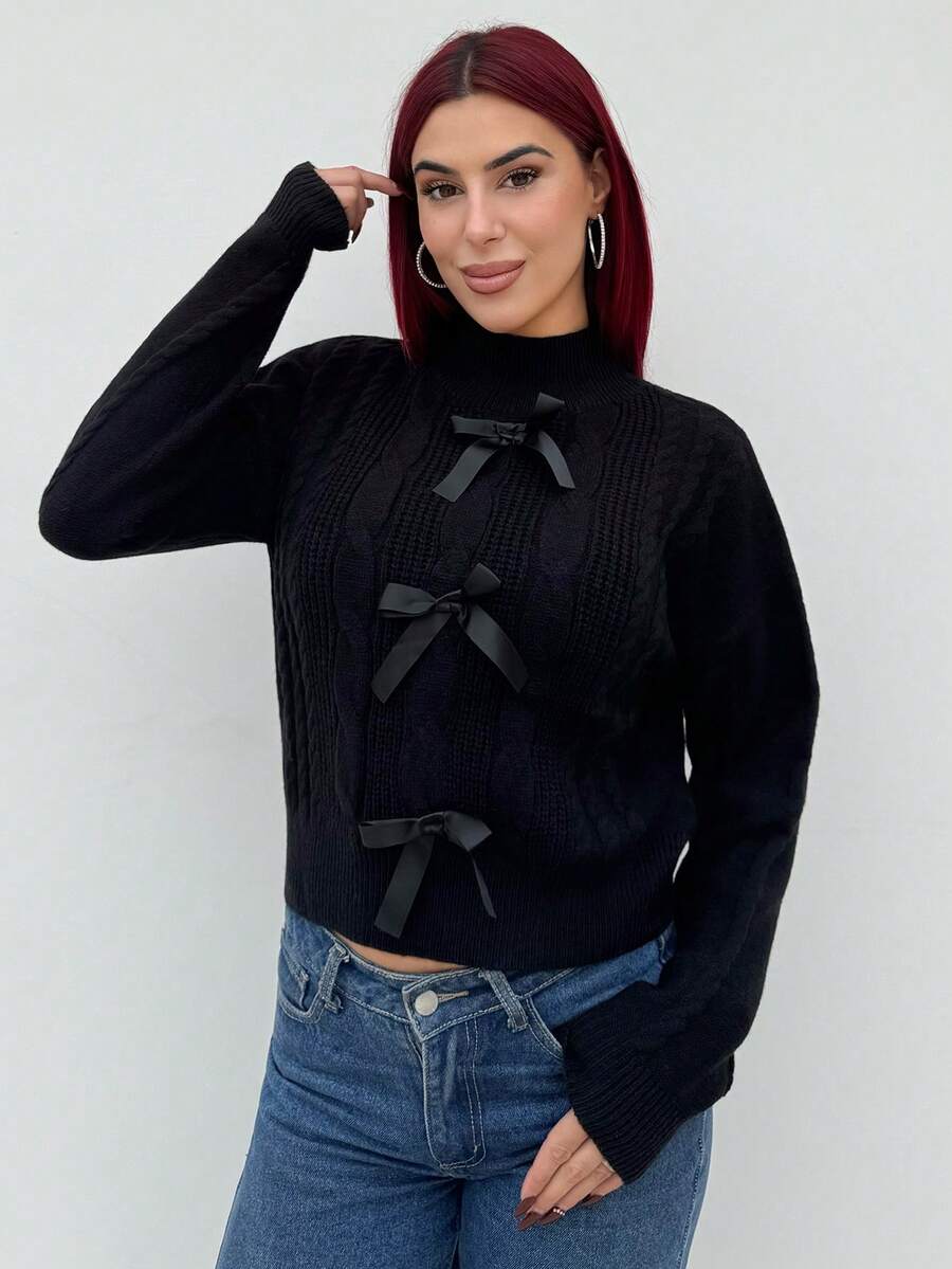 Bearsaez 女士舒适蝴蝶结纹理长袖套头毛衣，冬季针织套头衫 - 黑色 - 查看 1