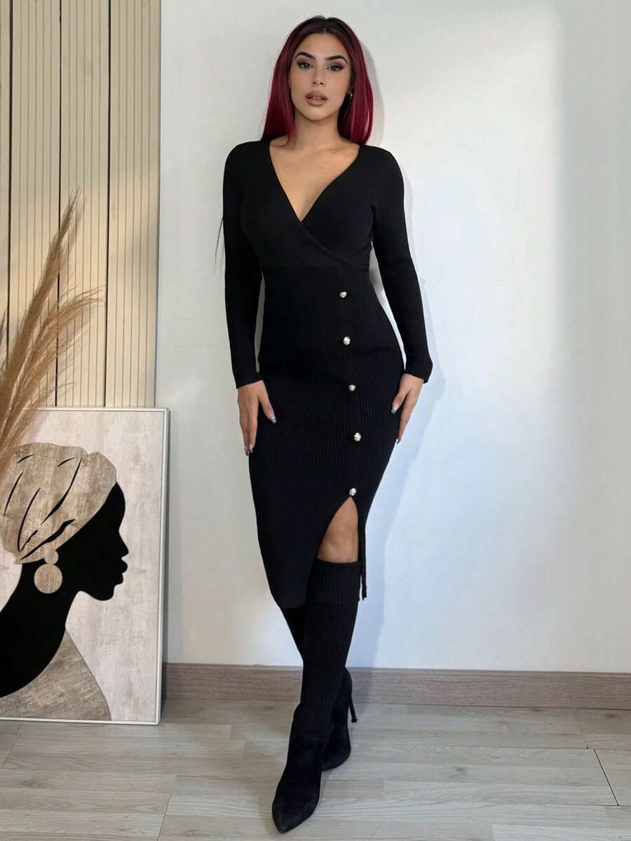 Bearsaez Women's V-Neck Waisted Sweater Dress, Christmas - Black - View 1