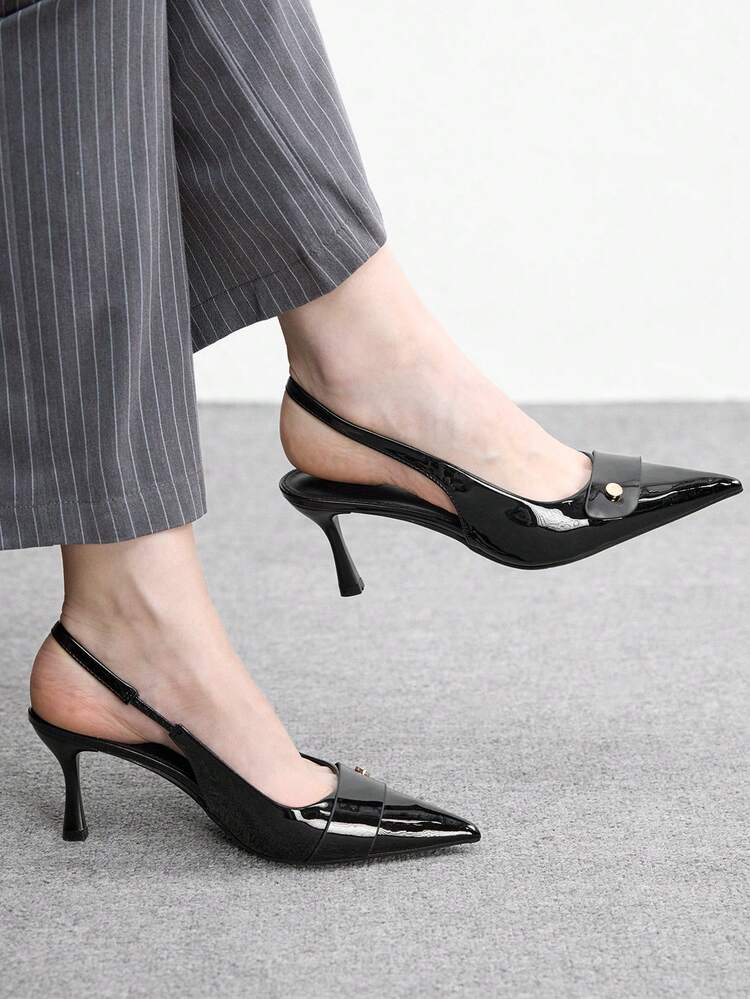 CUCCOO BIZCHIC Women Shoes Four Seasons New Black Metal Buckle Pointed Toe Thin High Heel Low Vamp Commuter Elegant Fashion Women's High Heel Shoes Slingback After Slingback Shoes Dew Heel Dinner Party Elegant Office Workers Holiday Wear Women's Shoes