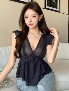 DAZY 春夏新款褶皱深V领镂空花卉蕾丝拼接蓝色衬衫，优雅休闲度假沙滩雪纺衬衫，收腰设计，透视网纱短袖上衣，女士 - 藏蓝色 - 查看 4