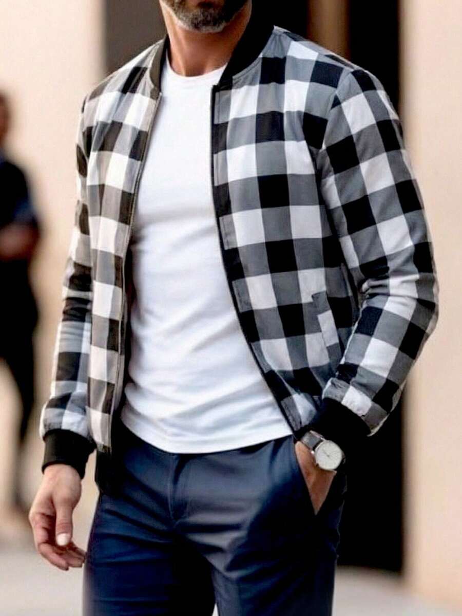 Manfinity Homme Men's Contrast Plaid Long Sleeve Jacket Coat - Multicolor - View 1