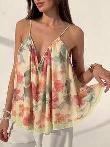 Aloruh 深V领露背印花宽松雪纺上衣，性感度假上衣，波西米亚风网纱印花吊带衫 - 彩色 - 查看 2