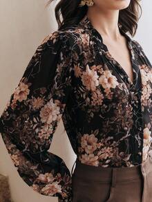Anewsta Floral Print Sheer V-Neck Long Sleeve Cardigan - Brown - View 1