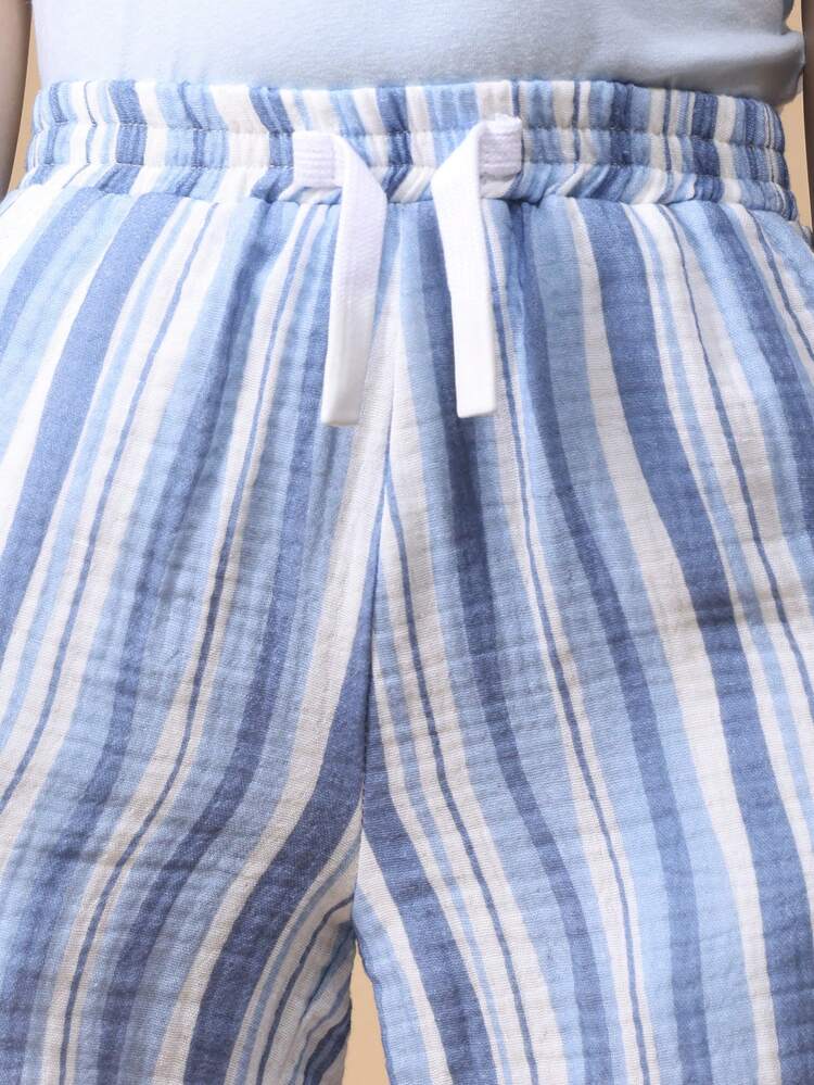 Boys Linen Feel Striped Wide Leg Pants Wobbly Vertical Stripes Light Blue White Casual Summer Breathable Loose Fit Trousers