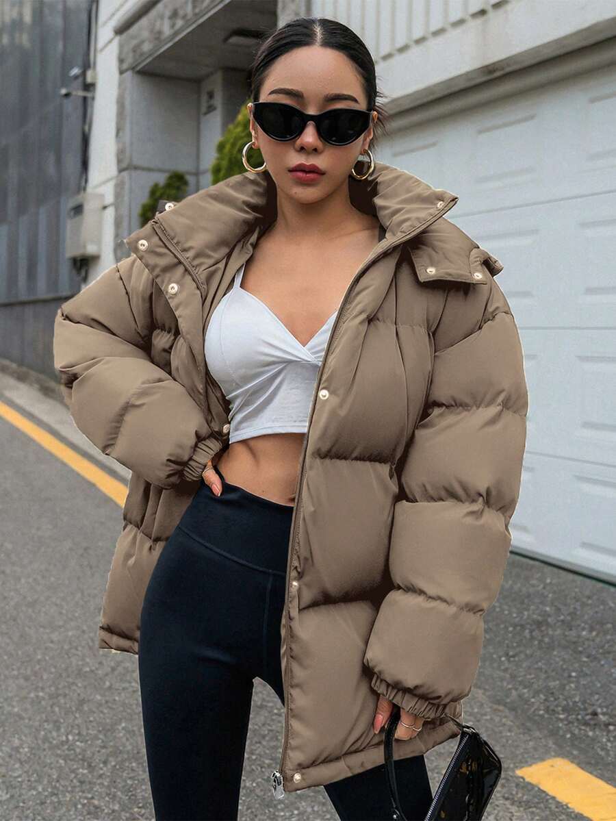 DAZY 女士拉链前连帽棉衣，冬季女装，冬季女装外套 - 棕色 - 查看 1