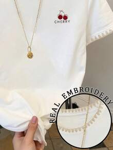 Resyla 女士字母樱花印花刺绣圆领短袖休闲T恤 - 白色 - 查看 5