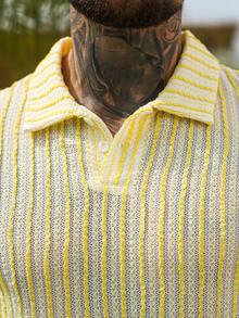 VENTUSAIL 男士休闲复古度假宽松短袖Polo衫，日常出行和度假必备，馈赠亲友佳品，适合男士穿着，休闲娱乐、周末旅行、户外活动、探险旅行、轻松的工作环境或半正式场合，也是送给男友/丈夫、周年纪念/生日、夏季假期、婚礼、春夏、复活节等场合的理想之选。轻盈透气的黄白条纹Polo衫，短袖针织面料，打造夏季时尚造型。男士黄白条纹衬衫，男士夏季衬衫，柠檬黄衬衫，衬衫，牙买加衬衫。 - 黃色 - 查看 6