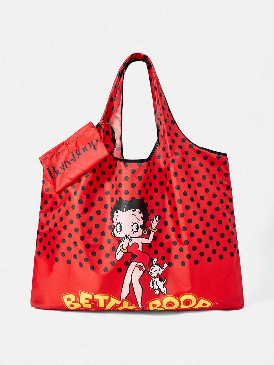 Betty Boop x SHEIN Geantă tote de mare capacitate impermeabilă cu model de insignă de facultate la modă - Undă neagră pe fundal roșu - Vizualizare 1