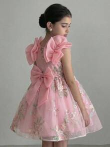 SHEIN Young Girl Ruffle Embroidered Bow Decor Dress Tea Party Girls Dress Girls Pink Elegant Dress, Young Girls - Pink - View 2