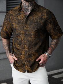 SLATEMANN 男士衬衫一件，提花设计，大胆个性化，宽松落肩廓形，流行INS风格，送给男友的礼物，成熟休闲运动街头日常通勤返校假期穿搭，送给男友/老公的理想礼物，情侣装 - 黑色 - 查看 3