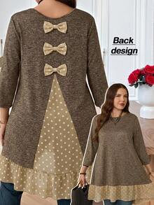 EMERY ROSE 大码女式早春休闲度假灰色波点印花蝴蝶结装饰荷叶边下摆T恤 - 卡其色 - 查看 1