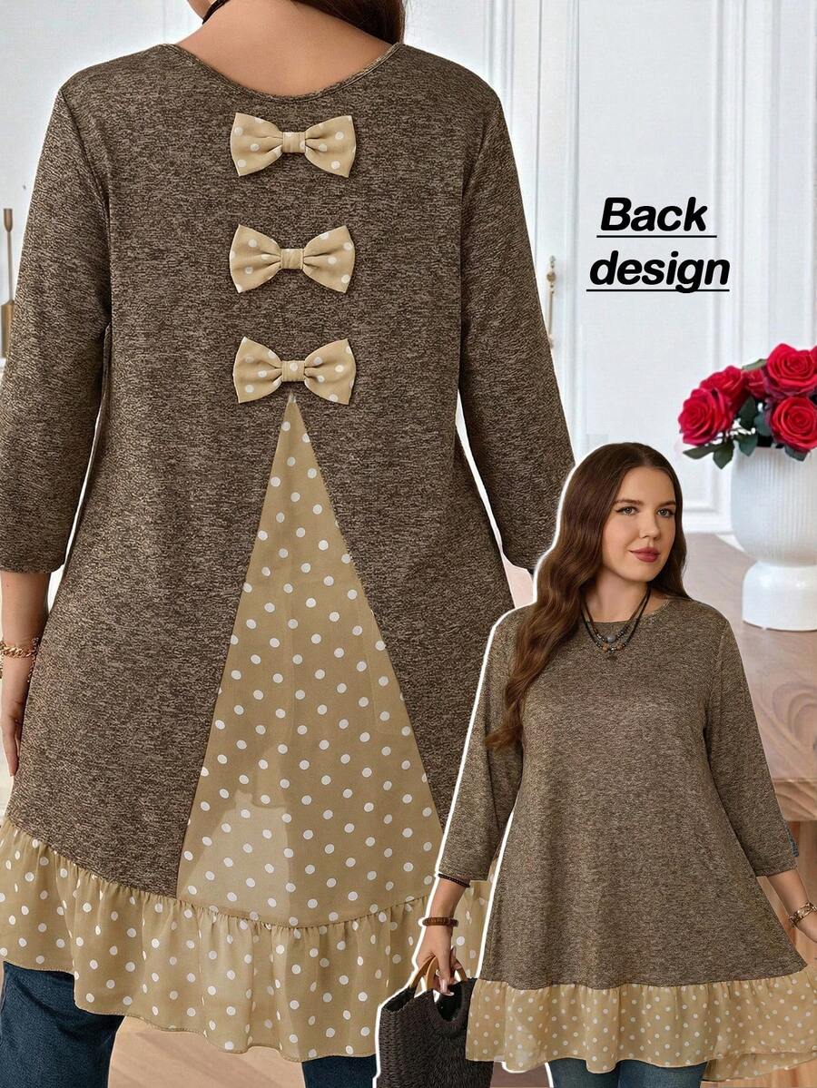 EMERY ROSE 大码女式早春休闲度假灰色波点印花蝴蝶结装饰荷叶边下摆T恤 - 卡其色 - 查看 1