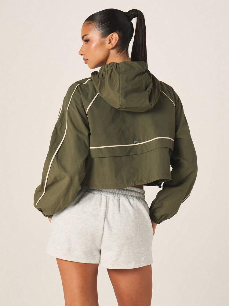 Missguided x Playboy Olive Cropped Hooded Windbreaker Jacket With Logo White Contrast Piping Long Sleeve Athletic Outerwear