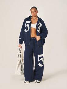 Missguided x Playboy 女士印花阔腿运动裤，藏蓝色，慢跑裤，饰有兔子图案标志，休闲抽绳腰带 - 藏蓝色 - 查看 3