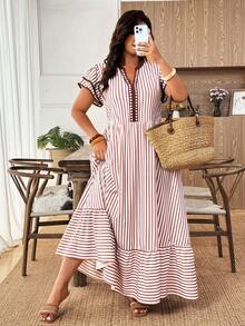 Weeklong 大码女式休闲通勤条纹印花V领撞色滚边双层喇叭袖连衣裙，适合春夏日常穿着、办公室、外出等场合。 - 彩色 - 查看 2