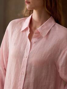 MOTF PREMIUM CAMISA DE LINO 100% PARA MUJER DE MANGA LARGA, CASUAL, PARA CITAS, PARA IR AL TRABAJO, ROSA - Rosa - Ver 2