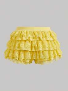 Qadelle 女士夏季纯色弹力腰荷叶边蕾丝短裤 - 黃色 - 查看 2