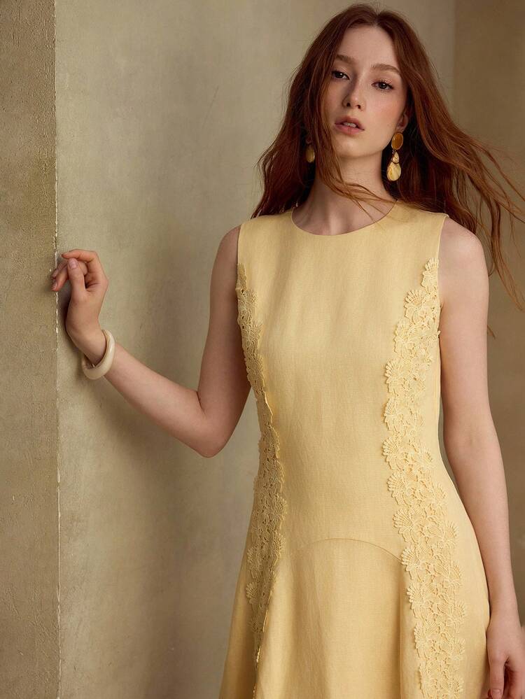 49% LINEN LACE PATCHWORK ROUND NECK SLEEVELESS CASUAL/DATE YELLOW DRESS, SPRING/SUMMER