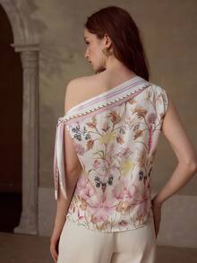 MOTF PREMIUM WOMEN'S SCARF PRINTED KNOT ASYMMETRICAL SHOULDER TOP, SUITABLE FOR DAILY WEAR, DATES, AND VACATIONS, SPRING/SUMMER - Multicolor - View 3