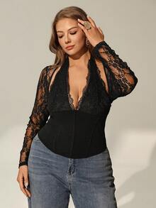 Auralis 大码纯色蕾丝性感长袖T恤 - 黑色 - 查看 4